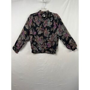 Carole Little Petites Bomber Blouse Womens Petite Black Paisley Floral Rayon VTG
